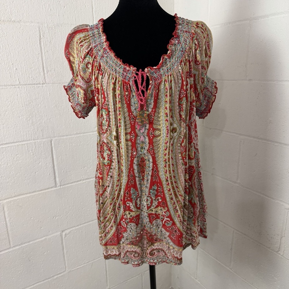 Bila Women's‎ BoHo Peasant Top Plus Size XXL Sequins Smocked Gypsy Hippie Artsy